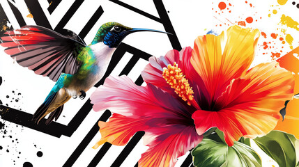 Wall Mural - A hummingbird hovers near a colorful tropical flower. The scene is designed for embroidery, fashion, and textile prints. The background has black and white stripes with geometric shapes.