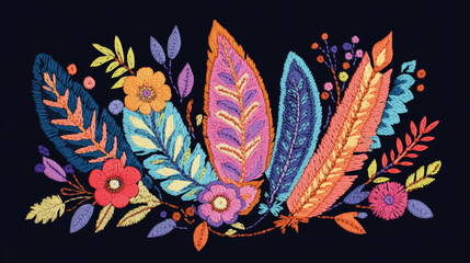 Canvas Print - A stylish design featuring colorful feathers and flowers in a Native American style.  This embroidery pattern is perfect for clothing, patches, or other craft projects.