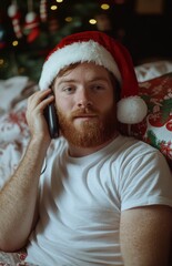 Man with Red Beard in Santa Hat Talking on Phone