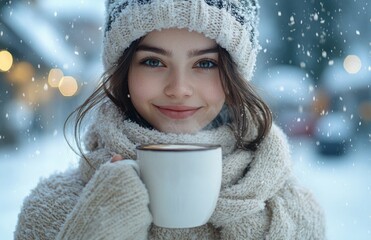 Young woman drinks coffee outdoors in snowy winter park