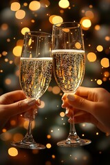 champagne glasses drink wine on christmas or new year night celebration on bokeh lights background