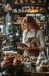 © yevgeniya131988 - Female Business Owner Writing at Bakery Counter with Tablet