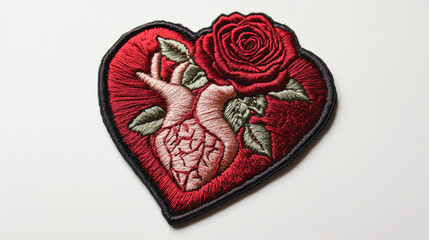 Canvas Print - A detailed embroidered patch shows a human heart with a rose blooming on top.  The red stitching creates a textured design perfect for fashion and decoration.