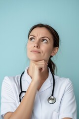 Smiling dreamy pensive young female doctor in white medical uniform look in distance. Medical worker thinking or pondering, planning future career or success in medicine scratching chin.