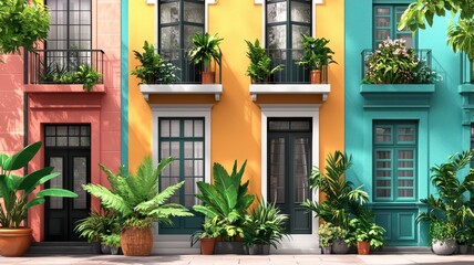 Vibrant street lined with colorful houses featuring large windows and lush greenery, exuding charm and character.