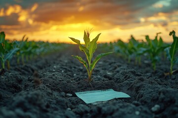 A single corn plant seedling grows in a field at sunset with a piece of paper near its base.