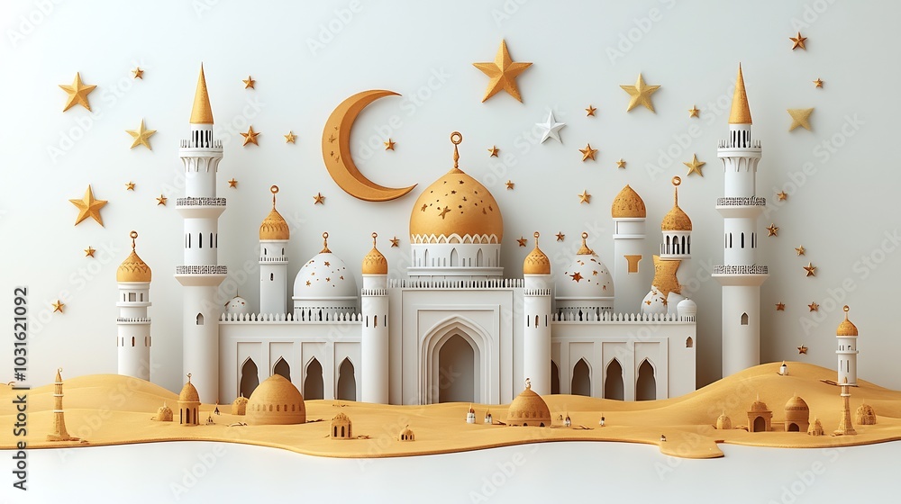Eid Mubarak card design a crescent moon mosque and stars in a 3D style ...