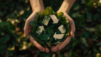 Hands Holding Green Leaves with White Recycling Symbol