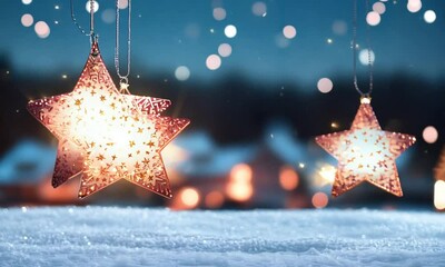 festive christmas stars hanging in a snowy winter wonderland landscape with a glowing sparkling back