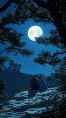 Wall Mural - A serene night scene featuring a person and a bear gazing at a full moon among trees.