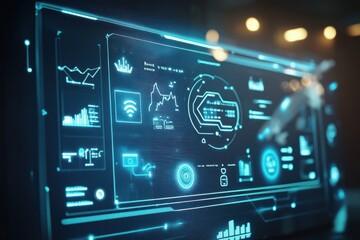 Futuristic digital screen with blue glowing interface and graphs.