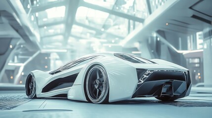 Futuristic white sports car with sleek design in a modern futuristic setting.