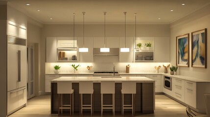 A bright, modern kitchen featuring soft ambient lighting, crisp task lights under cabinets, and accent lighting highlighting artwork and fixtures