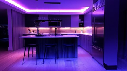 Modern kitchen space with energy-efficient ambient lighting, under-cabinet LEDs for visibility, and accent lighting for decorative touches