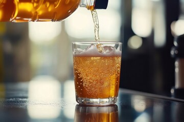 Golden liquid being poured into a glass.