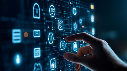 Wall Mural - Hand touching a digital screen with icons of technology and online network connection, cloud storage, or security system on a dark blue background.