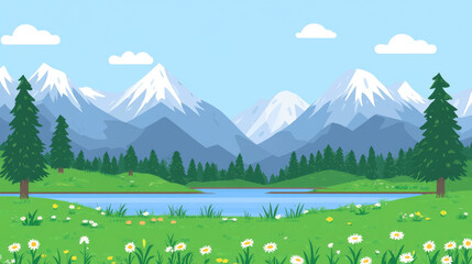 Wall Mural - A serene mountain landscape with vibrant flowers and a calm lake surrounded by towering trees under a clear blue sky