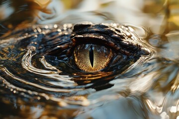 Poster - Close-up of a crocodile's eye partially submerged in water, showcasing its intricate details.