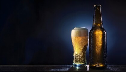 Product photography, advertising poster, beer bottle with beer glass It looks delicious and has a cool atmosphere.