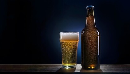 Product photography, advertising poster, beer bottle with beer glass It looks delicious and has a cool atmosphere.