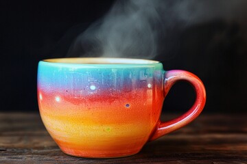 A colorful hot cup of coffee on a wooden table, with steam rising in the morning light. 