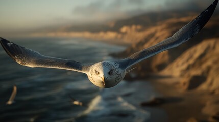 Poster - A seagull soaring over a coastal landscape at sunset, capturing nature's beauty.