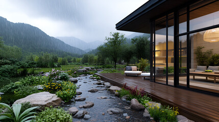 Mountain stream, rainy day, garden, living room. 