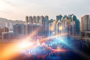 Poster - Hong Kong apartment buildings with an overlay of a digital financial graph concept that shows the market in crisis.