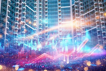 Poster - A Hong Kong residential building with a futuristic overlay showing a market crash.