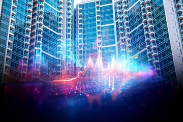 Poster - Modern high-rise buildings with a futuristic digital overlay showing a declining graph, suggesting a crisis in the housing market.
