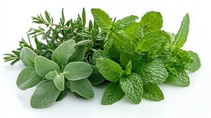 Sticker - A close-up shot of fresh rosemary, sage, and mint herbs isolated on a white background.