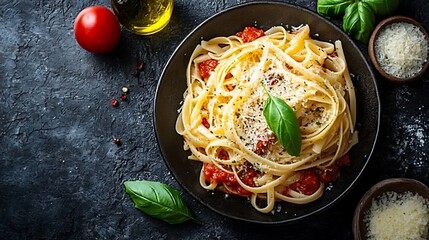 A plate of pasta with tomato sauce, basil, and parmesan cheese.