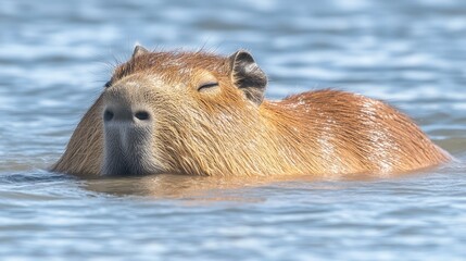 Wall Mural - A capybara partially submerged in water, enjoying a serene moment.