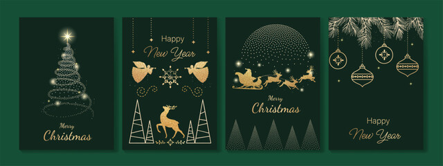 Wall Mural - luxury gold happy holiday invitation card design vector. christmas tree, sleigh santa and reindeer w