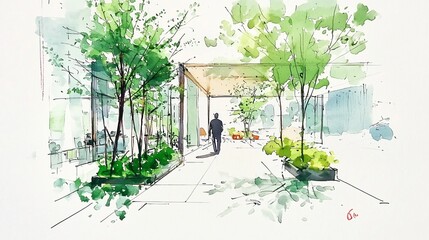 Wall Mural - Watercolor urban scene with trees and walkway, symbolizing green city planning.