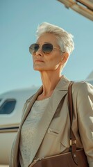 Poster - A woman in sunglasses stands in front of a private plane. AI.