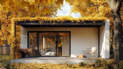 Poster - The cozy modern home is nestled within a forest, showcasing a stunning display of autumn leaves. The golden foliage frames the sleek architecture, enhancing the serene atmosphere of the environment.