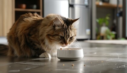 Wall Mural - A cat enjoys a meal from a white bowl. AI.