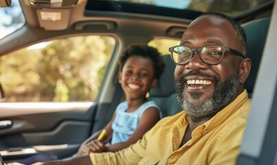 Wall Mural - A man and a child smile happily while driving in a car. AI.