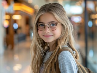 Poster - A young girl with glasses smiles for the camera. AI.