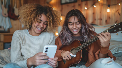 Canvas Print - Two friends enjoying music together. AI.