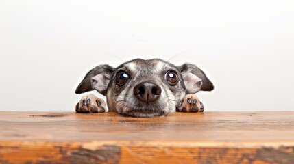 Poster - A dog with big eyes looks up from a wooden table. AI.