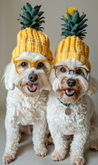 Canvas Print - Two dogs wearing pineapple hats and glasses. AI.