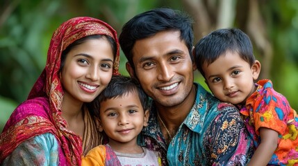 Happy Indian family portrait with two young children in colorful clothing.