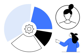 Circular chart divided into blue, black, white, and light blue segments with a gear icon in the center. Woman pointing in blue shirt and female avatar. Ideal for data analysis, business reporting