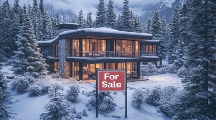Poster - A sleek modern house is surrounded by snow-covered trees, showcasing large glass windows. A red for sale sign stands in front, indicating the property is on the market in this winter wonderland.