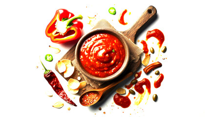 Chipotle Salsa flavour sauce with smoked bell pepper, spilled isolated on white, top view