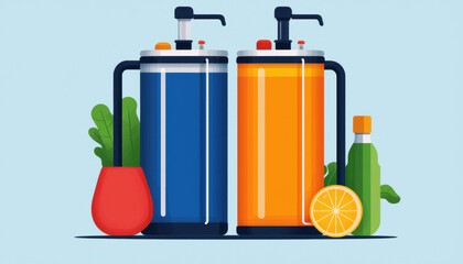 Colorful beverage dispensers with fresh ingredients on a light background.