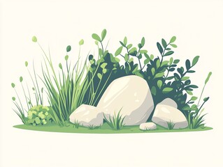 2408 68.a simple and clean vector illustration of a patch of grass with small rocks and bushes. the 