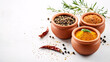 © VT Studio - colorful spices in clay bowls on white background with rosemary sprig  and dried chili peppers